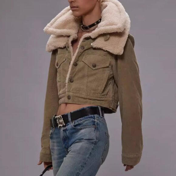 NWT R13 Crop Trucker Jacket Stone Pinwale Cord Corduroy & Faux-Sherpa - Picture 2 of 13